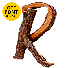 Letter R of the Wooden OpenType Font built from split bark-covered branches