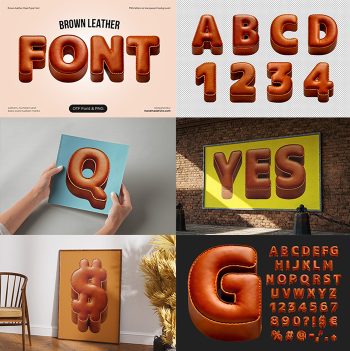 Preview collage of mockups and glyphs from the Brown Leather Font.
