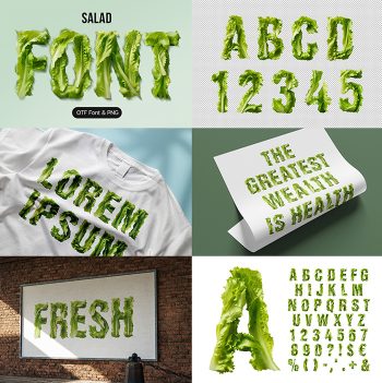 Preview grid of the Green Salad Font showing the cover, alphabet and mockups