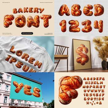 Preview collage of mockups and glyphs from the Bakery Font.
