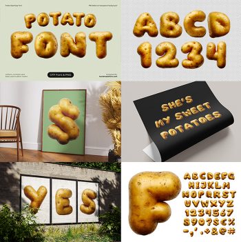 Potato Font preview collage showing the title card, alphabet, and several mockups