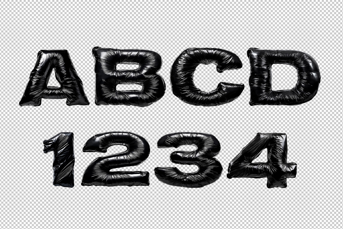 ABCD above 1234 in Black Bag Bold Font, with glossy black plastic folds shown on a checkerboard background.