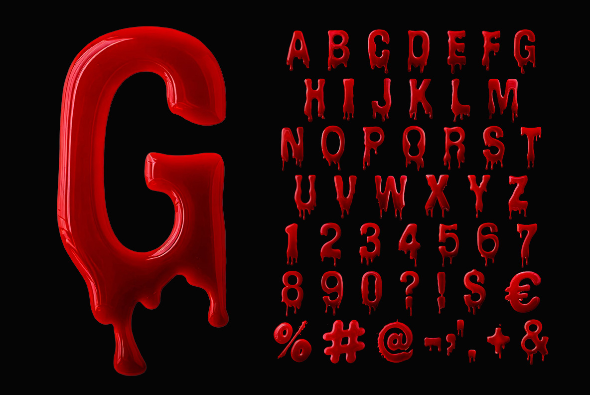 Close-up glossy G beside the full Bloody Vampire Font character set on black