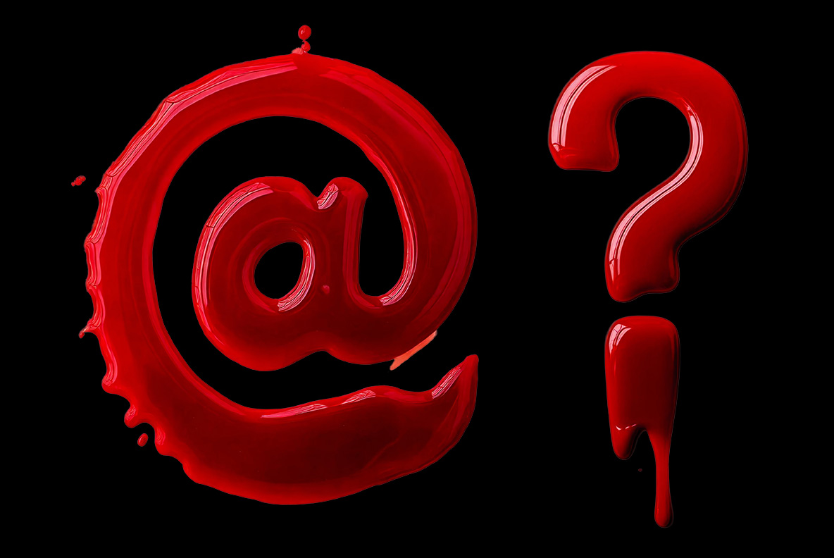 Glossy at sign and question mark from the Bloody Vampire Font on a black background