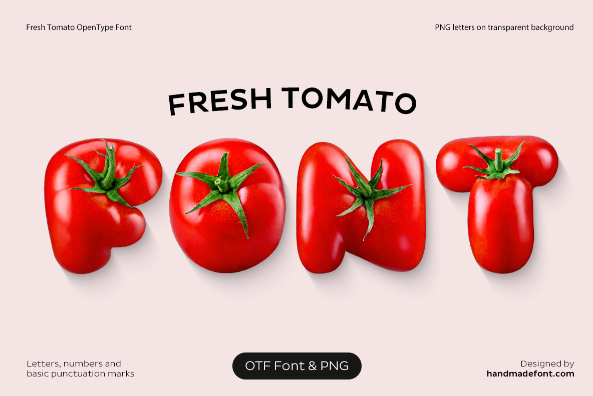 Cover Card Of The Fresh Tomato Font Pale pink cover card reading FONT in ripe tomato letters of the Fresh Tomato Font