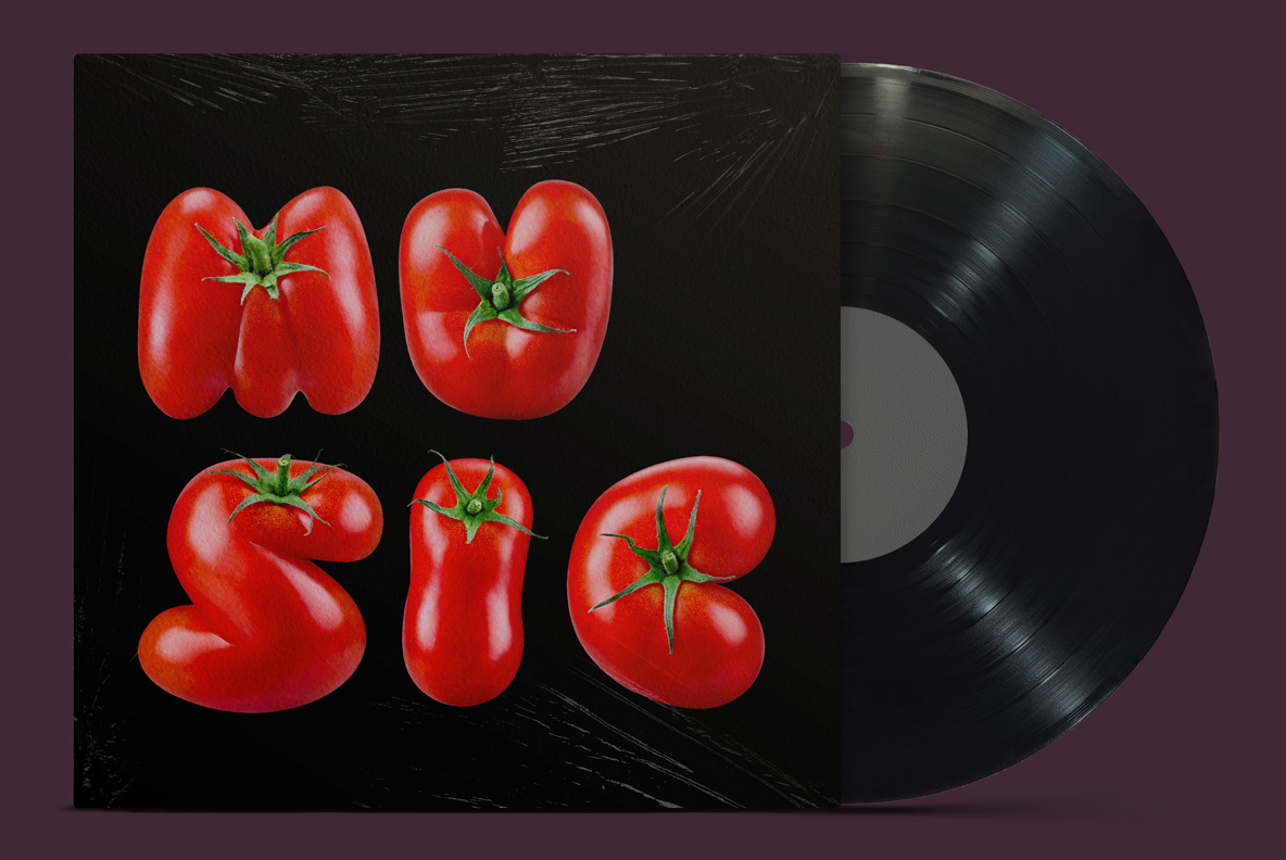 Music Vinyl Sleeve In The Fresh Tomato Font Black vinyl record sleeve reading MUSIC in the Fresh Tomato Font