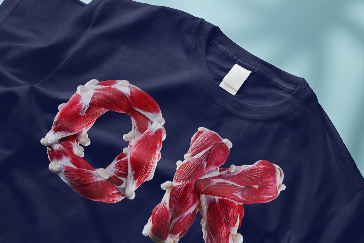 Muscles Font – Percent Sign T-Shirt Mockup Muscles Font percent symbol made from red anatomical muscles printed on a navy T-shirt