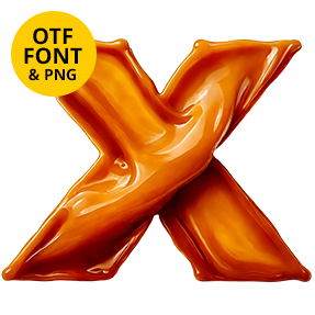Letter X of the Caramel Font on a light square with the OTF and PNG badge