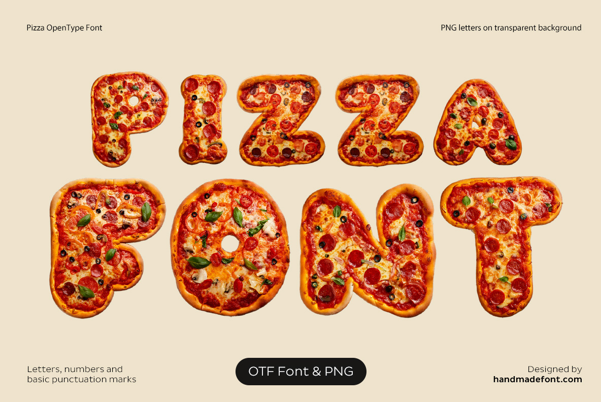 Pizza Font preview with melted cheese crust and toppings