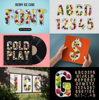 Grid of mockups showing the Berry Ice Cubes Font on covers, posters and a t-shirt