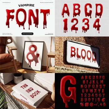 Preview grid of Bloody Vampire Font mockups, signage and the full dripping alphabet