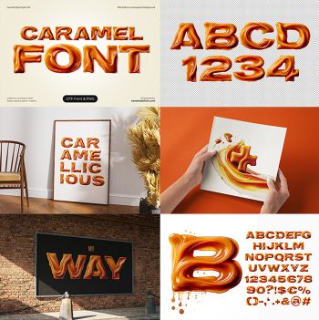 Six-panel preview collage of the Caramel Font showing posters, prints and the character set