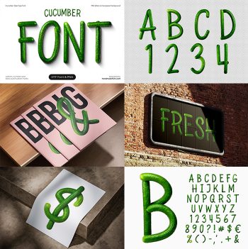 Six-panel preview collage of the Cucumbers Font showing signage, packaging and the character set