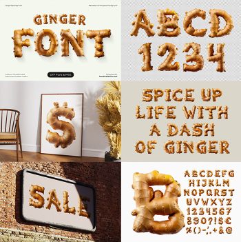 Six preview panels of the Ginger Font showing letters and mockups