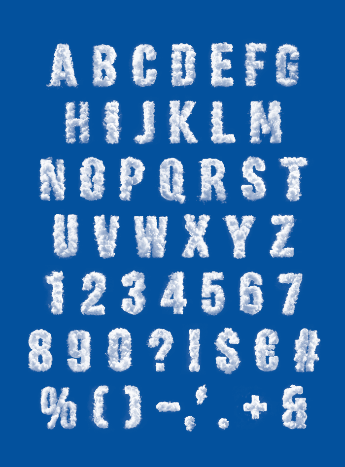 Full alphabet of the Puffy Clouds Font with cloud letters, numbers and punctuation on deep blue.
