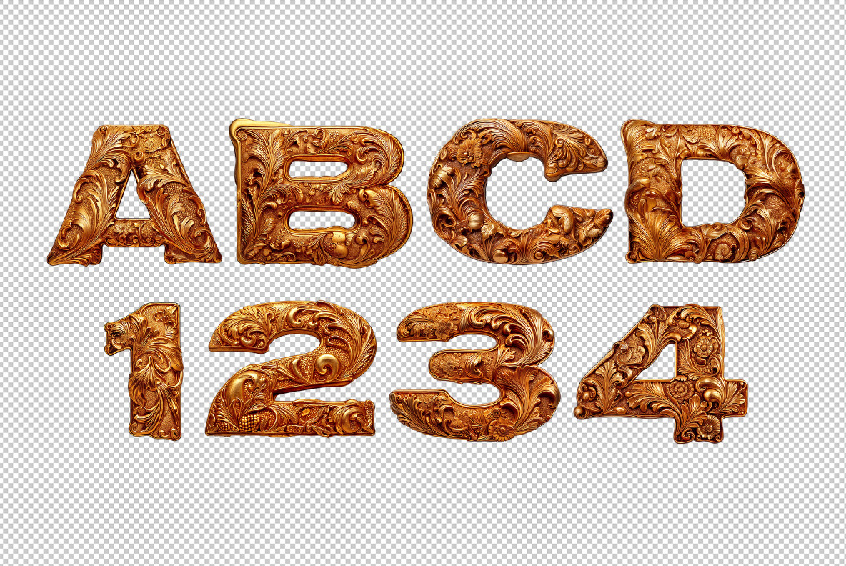 Gold Baroque Font transparent PNG letters Letters A to D and figures one to four of the Gold Baroque Font on a transparent background