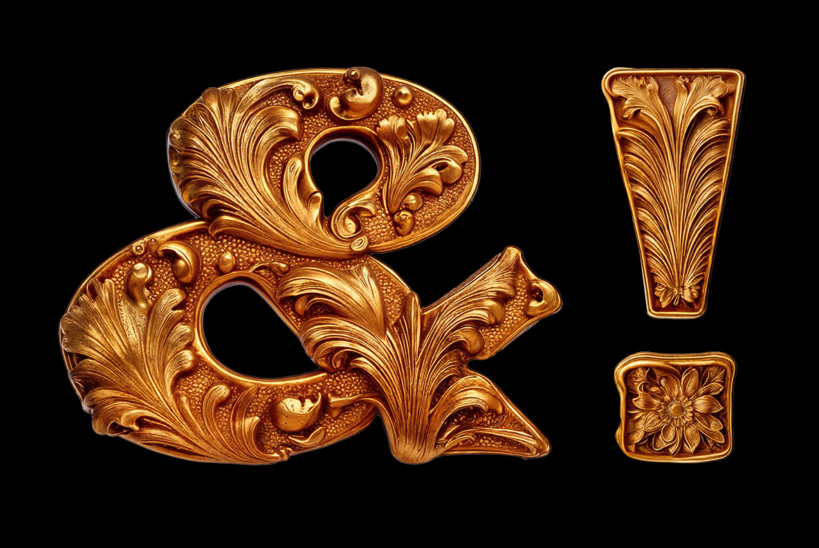 Gold Baroque Font symbols Ampersand and exclamation mark of the Gold Baroque Font in carved copper