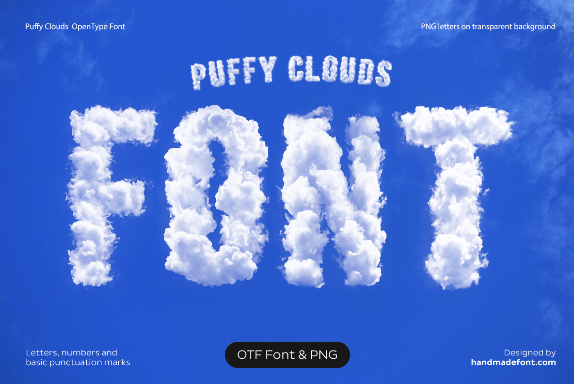 Puffy Clouds Font – White Cloud FONT Cover Puffy Clouds Font cover displaying the word FONT as large white cloud letters against a vivid blue sky.