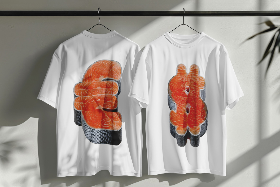 Salmon Font on two white t-shirts Two white t-shirts on hangers printed with single letters of the Salmon Font