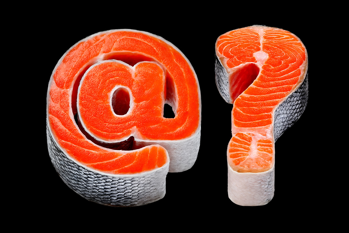 Salmon Font at and question mark symbols At sign and question mark of the Salmon Font on black, showing flesh and silver skin