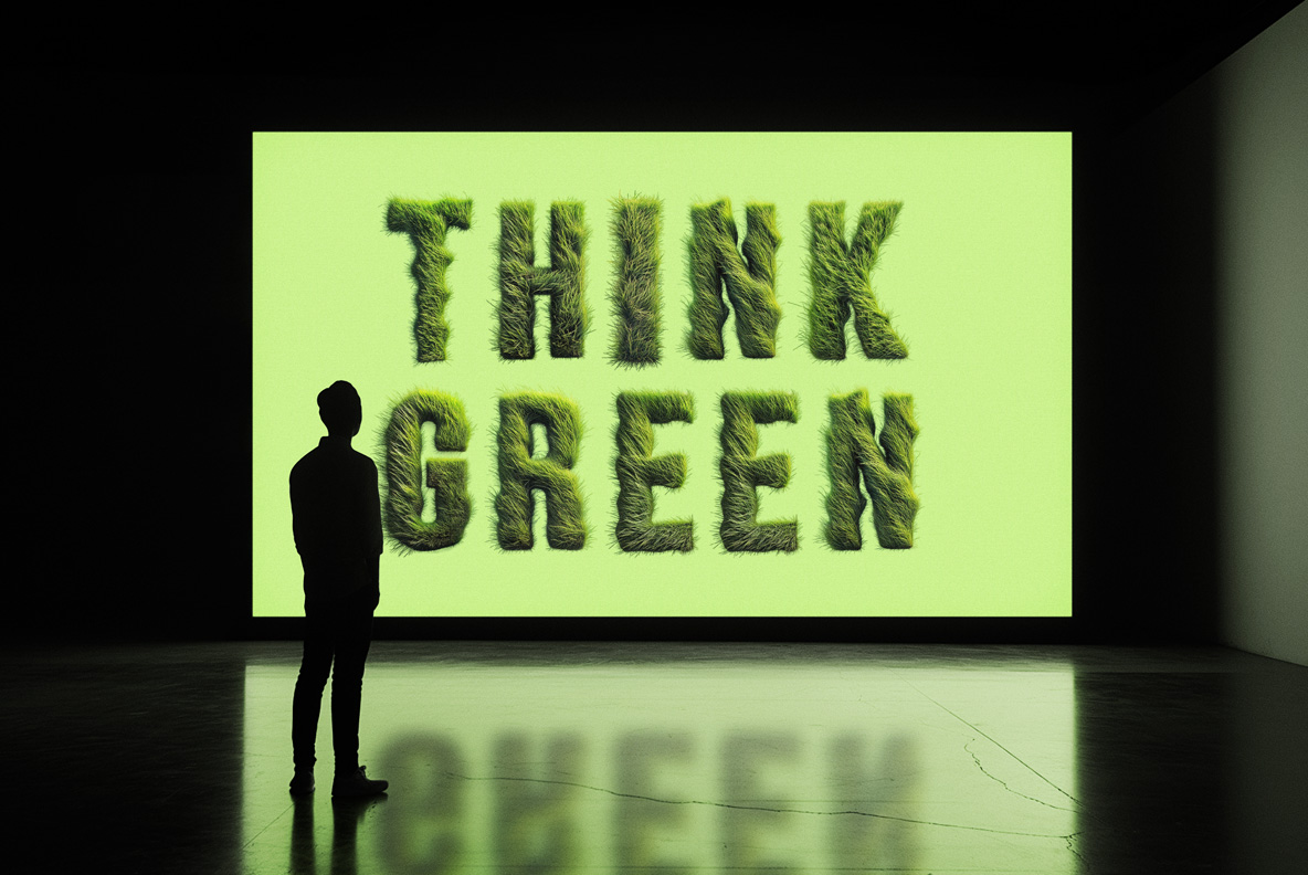 Grassland Font screen mockup Dark hall screen showing a two-word green message in the Grassland Font