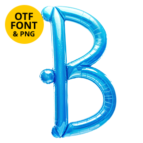 Twisted blue balloon letter B of the Blue Balloon Font on a light square with the OTF and PNG badge