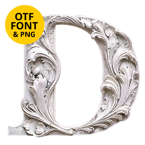 Carved white letter of the Marble Bas-relief Font on a light square with the OTF and PNG badge