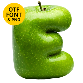 Letter E of the Green Apple Font on a light square with the OTF and PNG badge