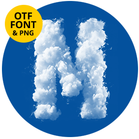 Letter M of the Puffy Clouds Font shaped from white cloud on a blue circle with the OTF and PNG badge.
