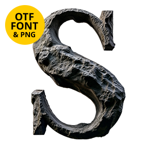 Carved stone letter of the Rocky Relief Font on a light square with the OTF and PNG badge