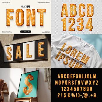 Preview grid of Crackers Font mockups, character set and baked cracker letters