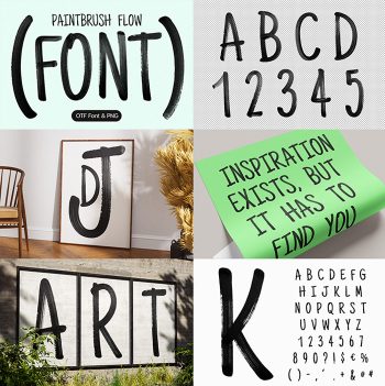 Preview collage of mockups and glyphs from the Paintbrush Flow Font.