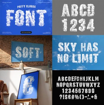 Preview grid of the Puffy Clouds Font showing white cloud letters on posters, a billboard and a framed print.