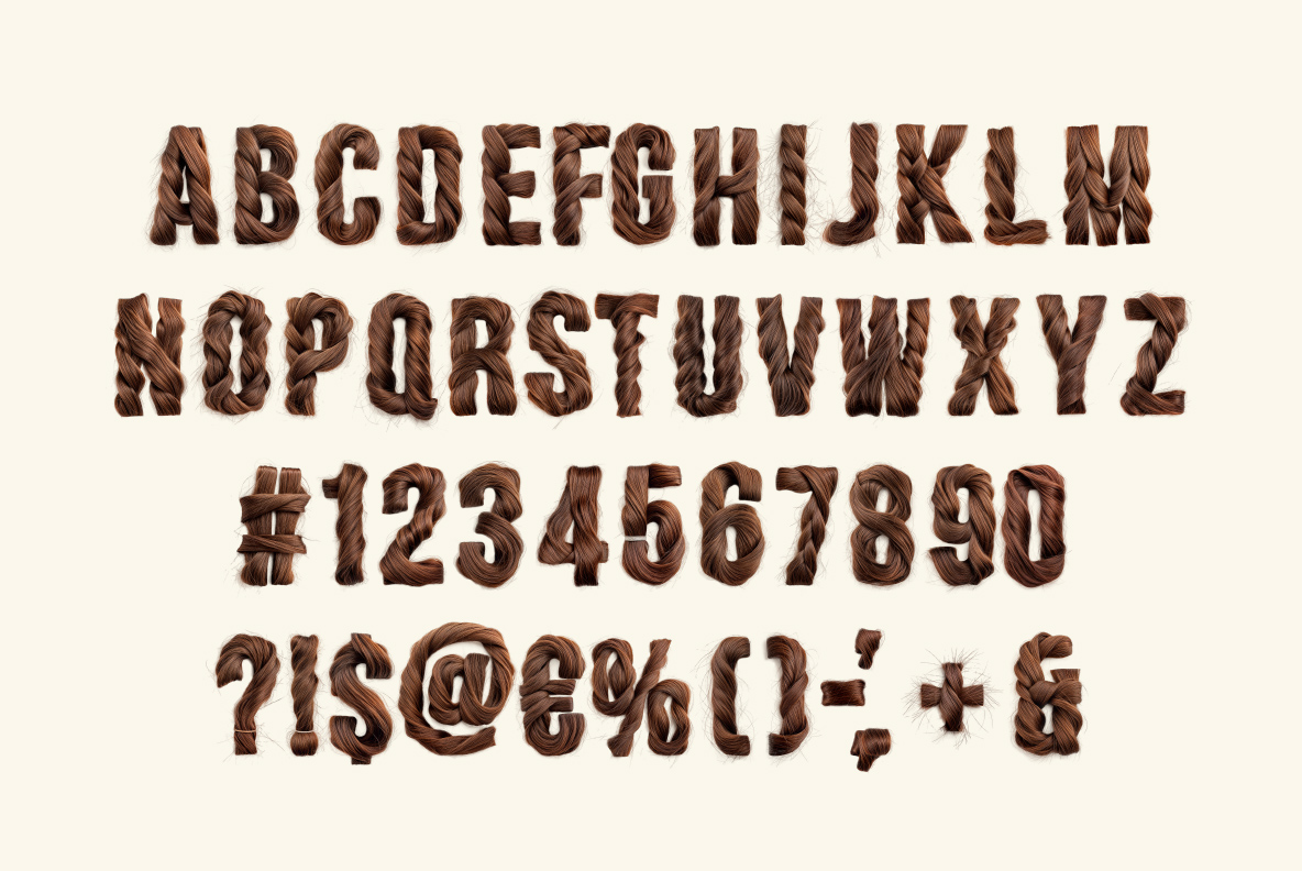 Complete Hair Font character set with letters, numbers, and punctuation in braided hair