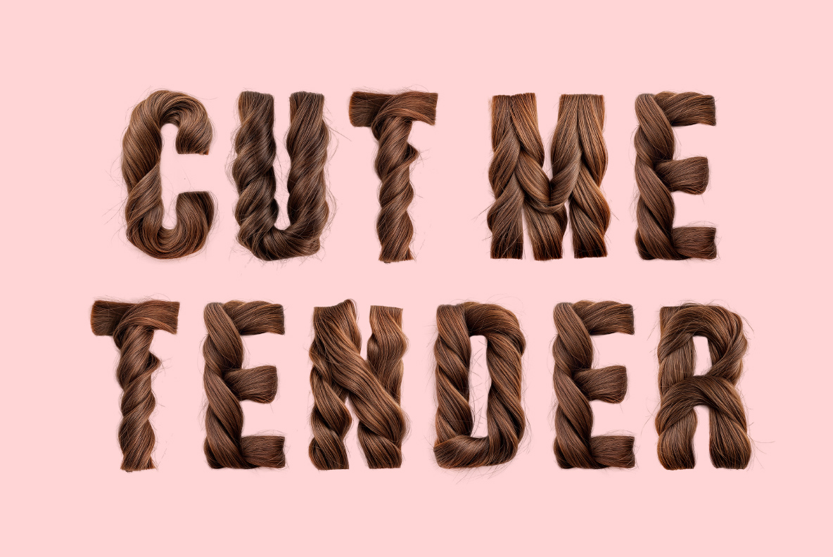 The phrase Cut Me Tender spelled in braided hair letters for the Hair Font
