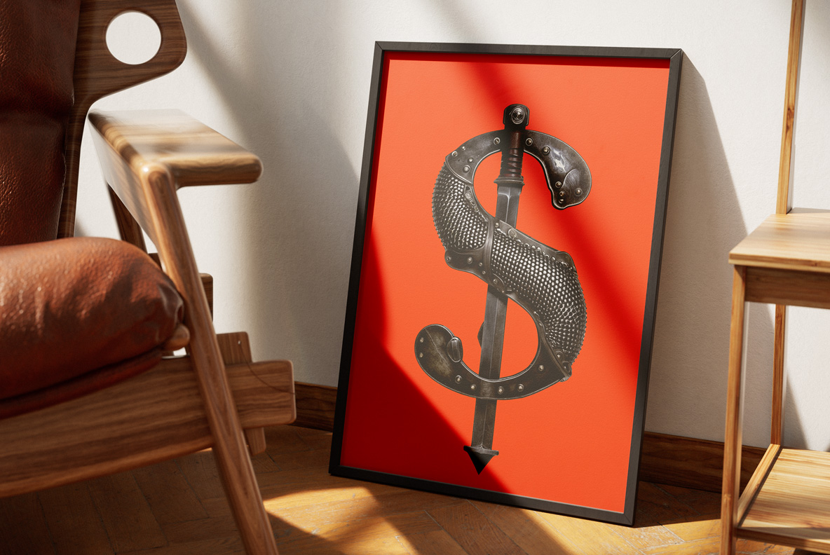 Knight Armor Font dollar sign sword art print in a framed poster mockup