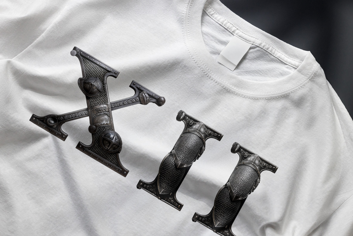 Knight Armor Font XIII lettering printed on a white t-shirt mockup