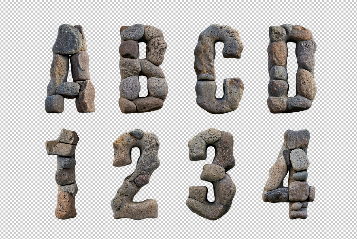 Stone Stack Font Transparent PNG Letters Stone Stack Font letters A to D and numbers 1 to 4 on a transparent background