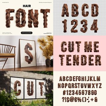 Preview collage of six mockups showing the Hair Font in different scenes
