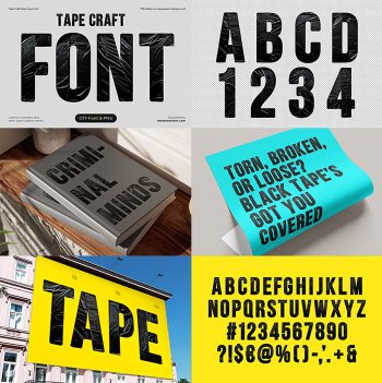 Alphabet chart of the Tape Craft Font with every letter filled with black tape