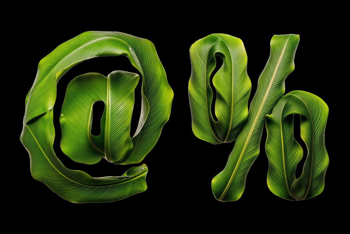 Tropical Leaves Font At Sign and Percent Symbol At sign and percent symbol from the Tropical Leaves Font built from curled leaves