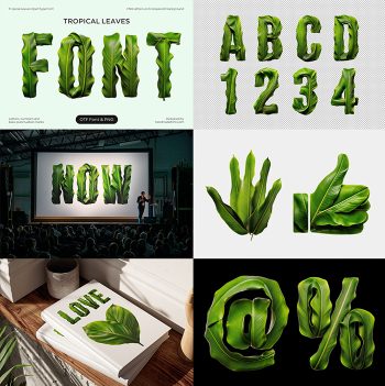 Preview grid of Tropical Leaves Font mockups, character set and leafy letterforms