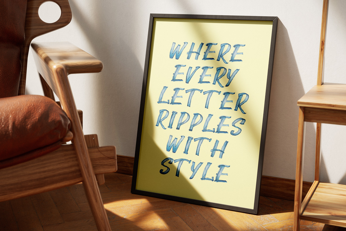 Dripline Font framed poster mockup Framed poster with a short rippling line set in the Dripline Font