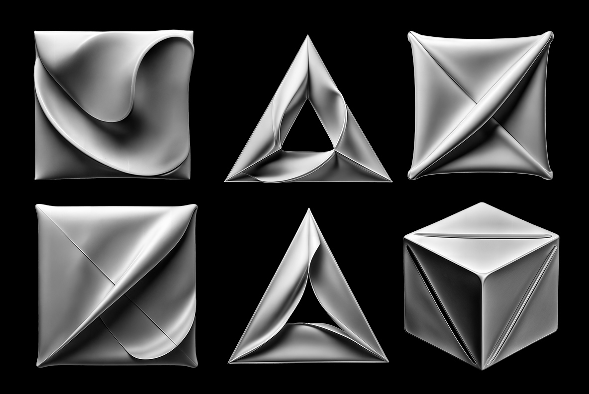 Square, triangle and cube shapes in folded silver from the MonoFold Font set