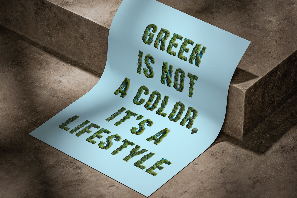 Curled pale blue poster carrying a short line in the NatureForm Font