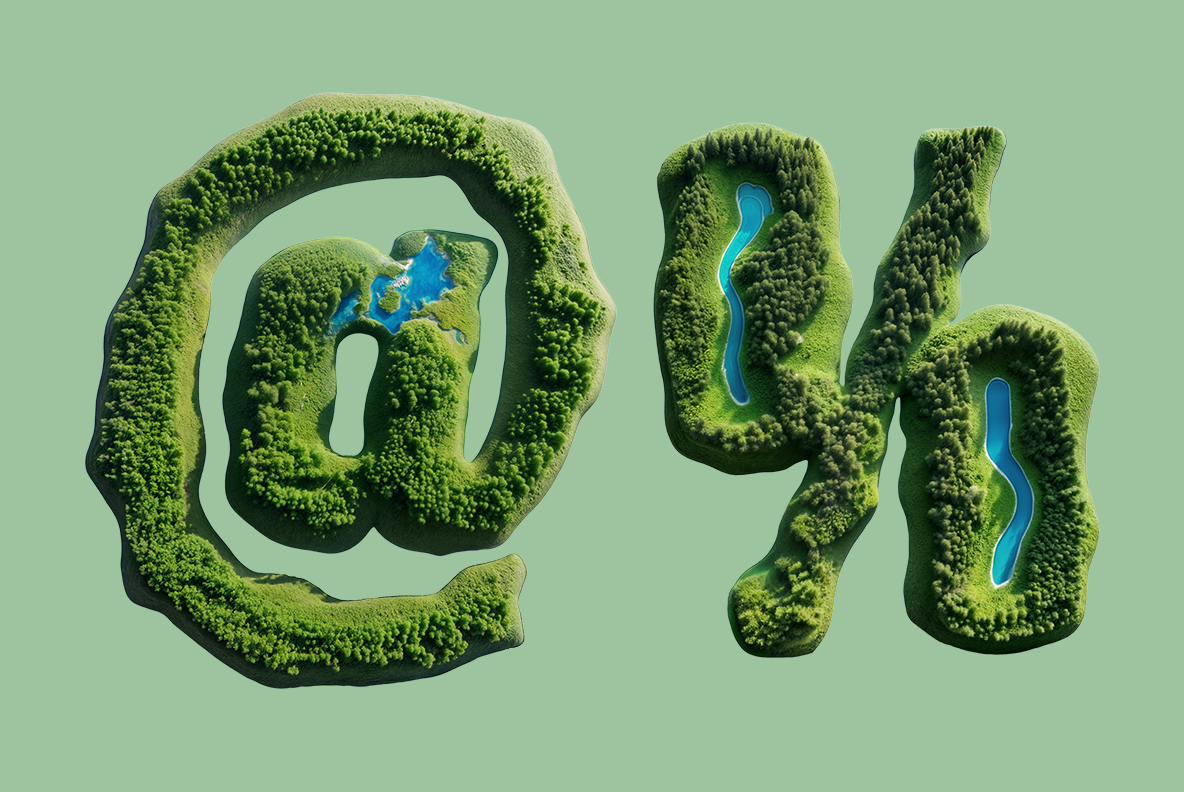 At sign and percent sign of the NatureForm Font on a soft green ground