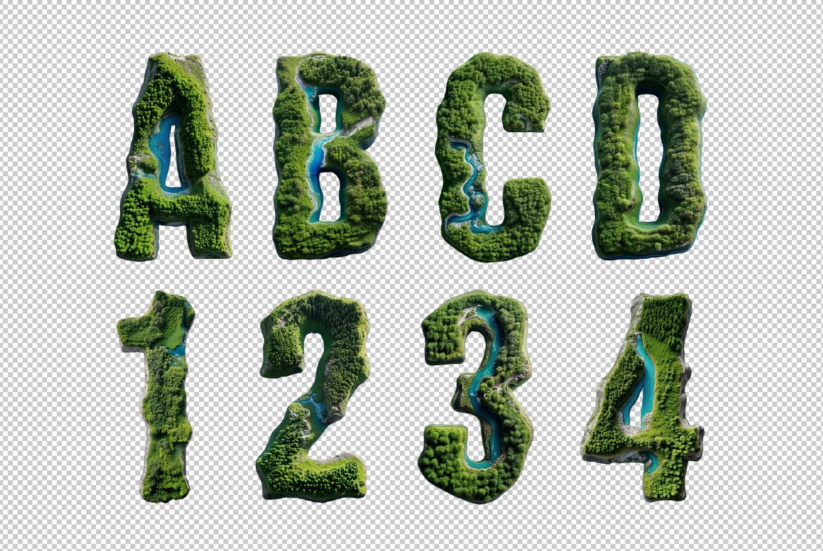 Transparent PNG letters and numerals of the NatureForm Font on a checkered background