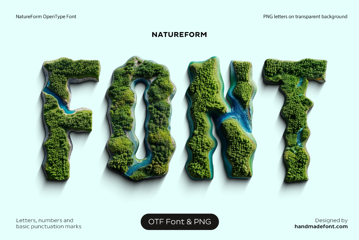 Pale poster spelling FONT in forest canopy letters of the NatureForm Font
