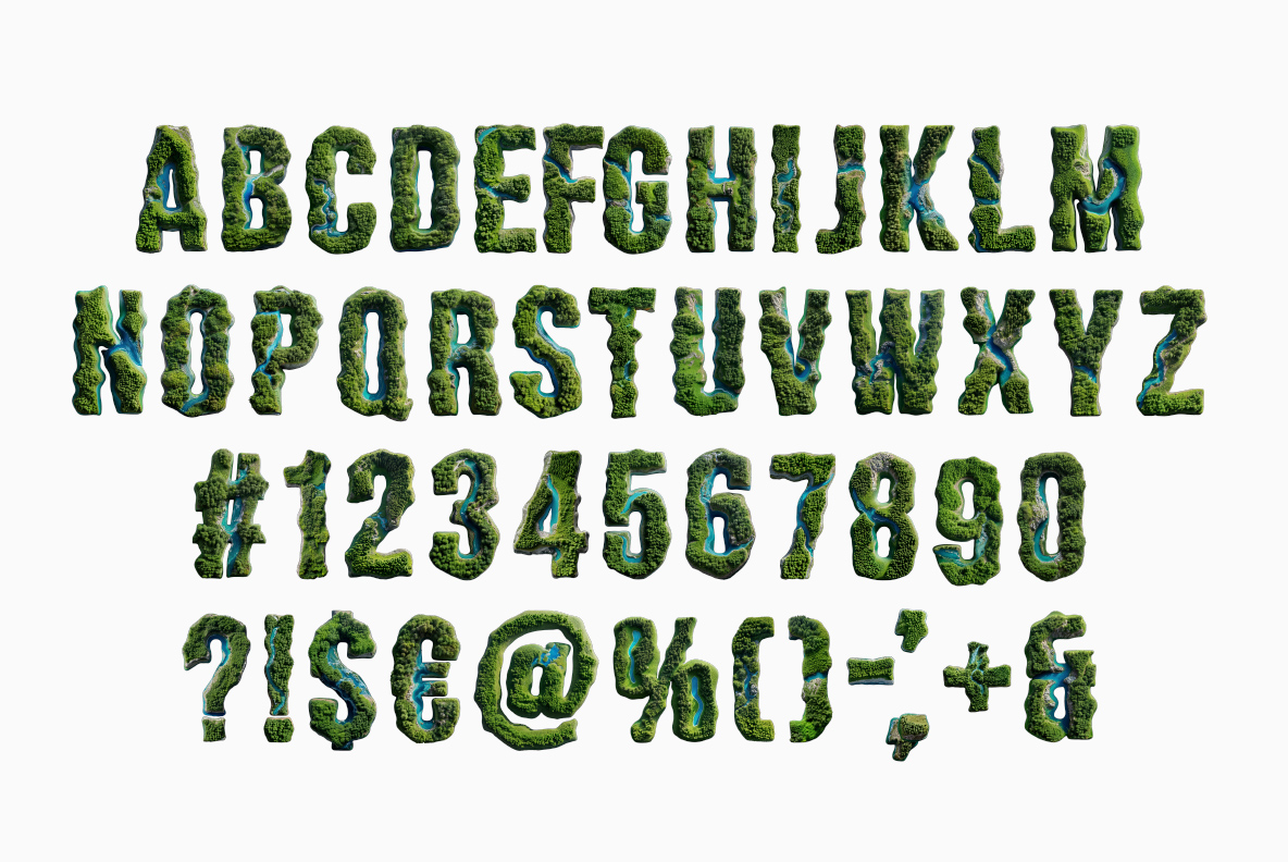 Alphabet, numbers and symbols of the NatureForm Font arranged in rows