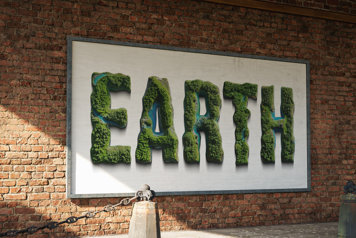 Framed sign against brickwork reading EARTH in the NatureForm Font
